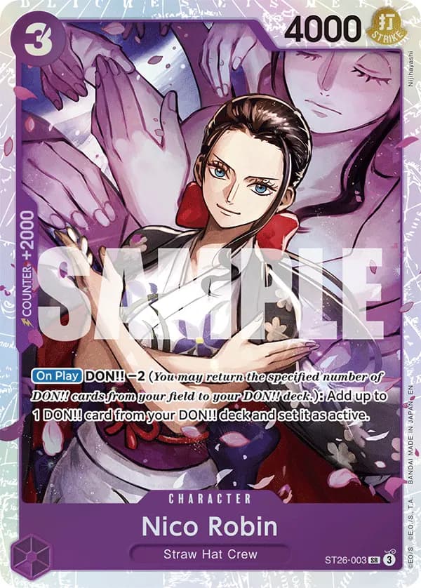 2025 One Piece Card Game Purple/Black Monkey.D.Luffy (ST-26) #ST26-003 Nico Robin; official card image from the Bandai card list; publisher sample markings retained