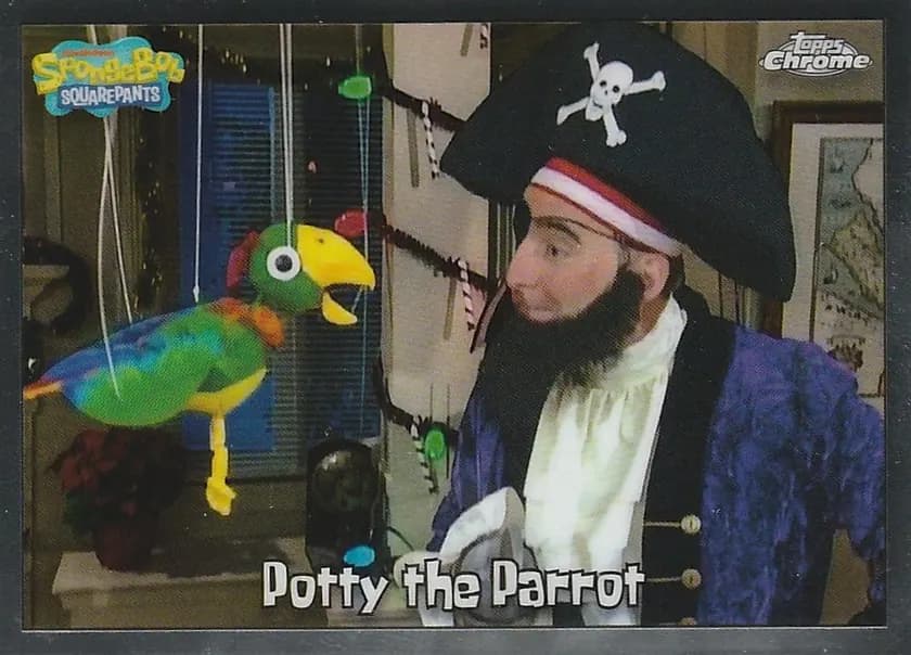 2025 Topps Chrome SpongeBob 25th Anniversary #5 Potty the Parrot; representative card photograph; color, finish and individual copy details may differ