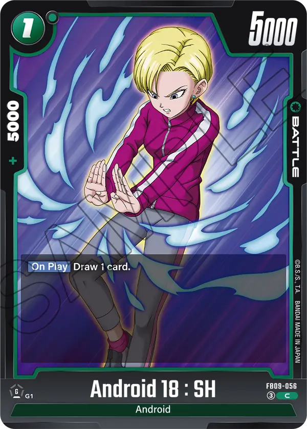 2026 Dragon Ball Super Card Game Fusion World Dual Evolution (FB09) #FB09-056 Android 18 : SH; official card image from the Bandai card database; publisher sample markings retained