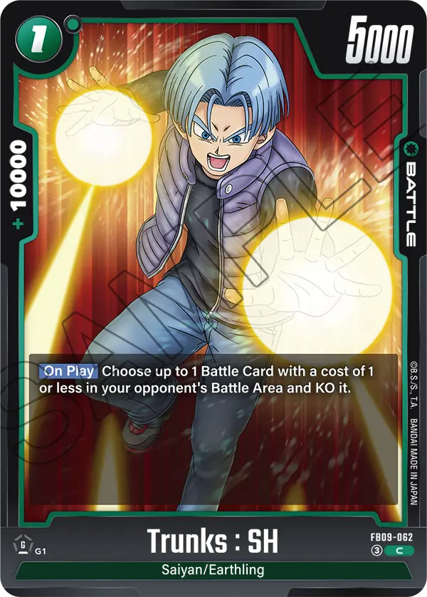 2026 Dragon Ball Super Card Game Fusion World Dual Evolution (FB09) #FB09-062 Trunks : SH; official card image from the Bandai card database; publisher sample markings retained