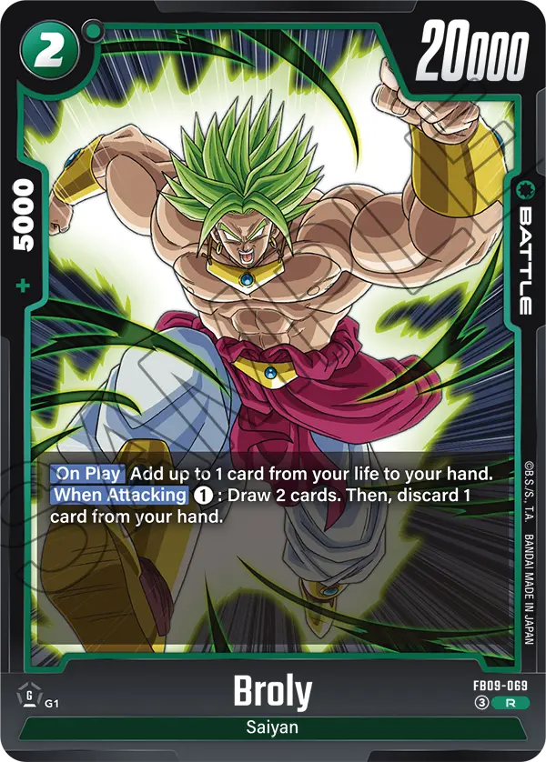 2026 Dragon Ball Super Card Game Fusion World Dual Evolution (FB09) #FB09-069 Broly; official card image from the Bandai card database; publisher sample markings retained