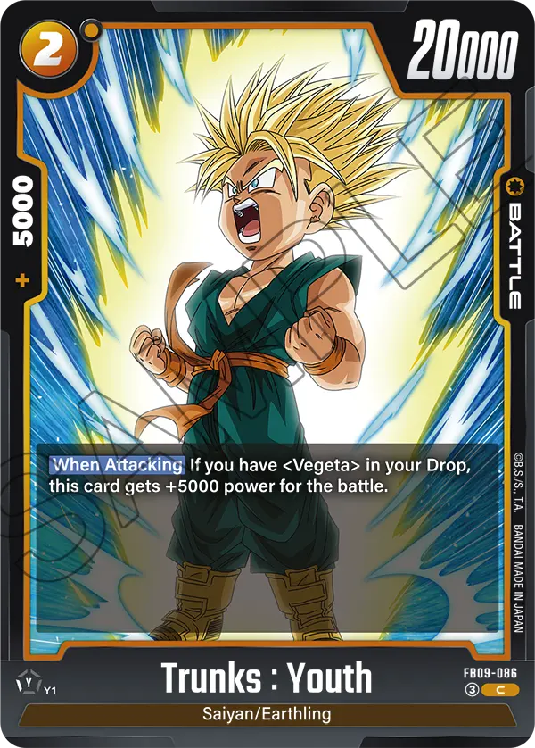 2026 Dragon Ball Super Card Game Fusion World Dual Evolution (FB09) #FB09-086 Trunks : Youth; official card image from the Bandai card database; publisher sample markings retained
