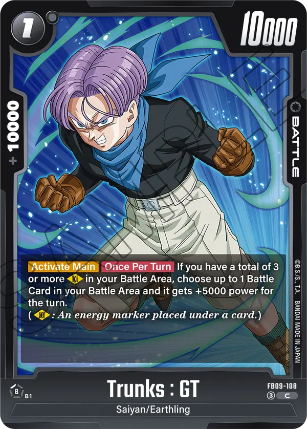 2026 Dragon Ball Super Card Game Fusion World Dual Evolution (FB09) #FB09-108 Trunks : GT; official card image from the Bandai card database; publisher sample markings retained