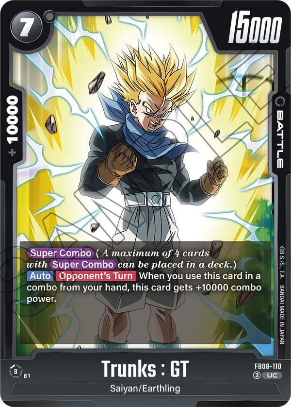 2026 Dragon Ball Super Card Game Fusion World Dual Evolution (FB09) #FB09-110 Trunks : GT; official card image from the Bandai card database; publisher sample markings retained