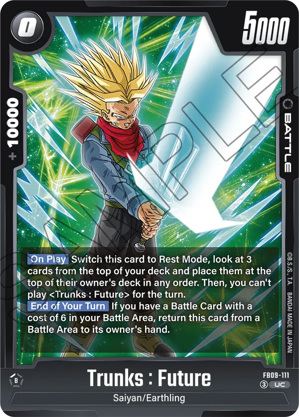 2026 Dragon Ball Super Card Game Fusion World Dual Evolution (FB09) #FB09-111 Trunks : Future; official card image from the Bandai card database; publisher sample markings retained