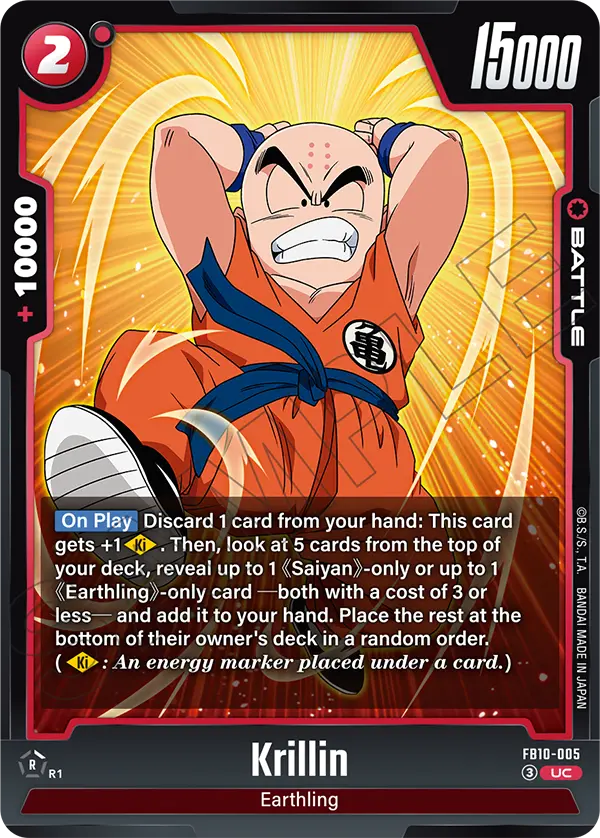 2026 Dragon Ball Super Card Game Fusion World Cross Force (FB10) #FB10-005 Krillin; official card image from the Bandai card database; publisher sample markings retained