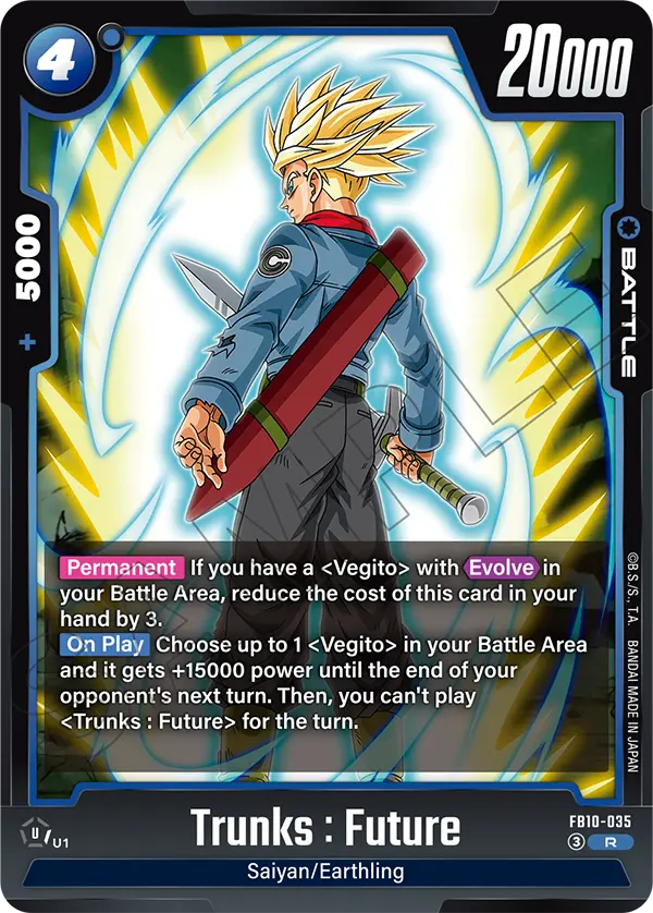 2026 Dragon Ball Super Card Game Fusion World Cross Force (FB10) #FB10-035 Trunks : Future; official card image from the Bandai card database; publisher sample markings retained