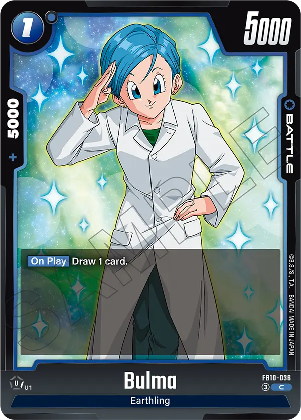 2026 Dragon Ball Super Card Game Fusion World Cross Force (FB10) #FB10-036 Bulma; official card image from the Bandai card database; publisher sample markings retained