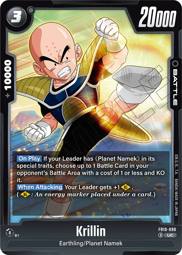 2026 Dragon Ball Super Card Game Fusion World Cross Force (FB10) #FB10-098 Krillin; official card image from the Bandai card database; publisher sample markings retained