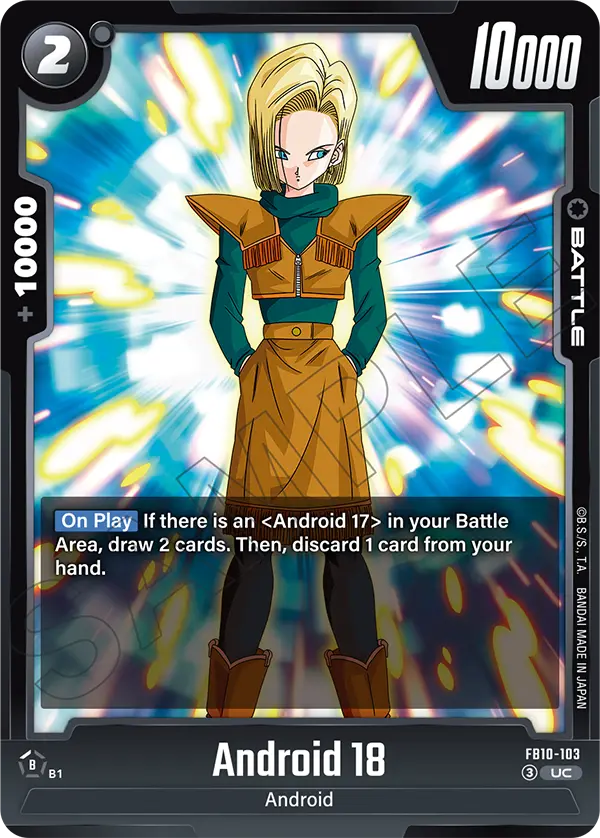 2026 Dragon Ball Super Card Game Fusion World Cross Force (FB10) #FB10-103 Android 18; official card image from the Bandai card database; publisher sample markings retained