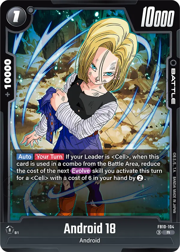 2026 Dragon Ball Super Card Game Fusion World Cross Force (FB10) #FB10-104 Android 18; official card image from the Bandai card database; publisher sample markings retained