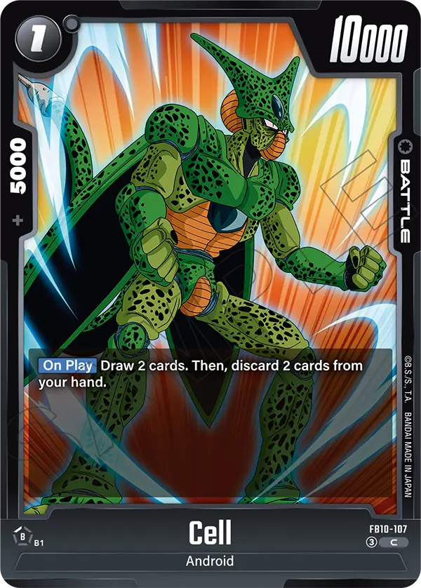 2026 Dragon Ball Super Card Game Fusion World Cross Force (FB10) #FB10-107 Cell; official card image from the Bandai card database; publisher sample markings retained