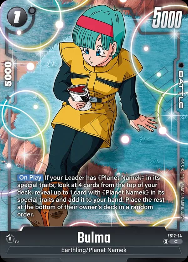 2026 Dragon Ball Super Card Game Fusion World Starter Deck EX The Beat of Ki (FS12) #FS12-14 Bulma; official card image from the Bandai card database; publisher sample markings retained