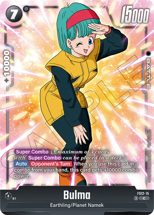 2026 Dragon Ball Super Card Game Fusion World Starter Deck EX The Beat of Ki (FS12) #FS12-15 Bulma; official card image from the Bandai card database; publisher sample markings retained