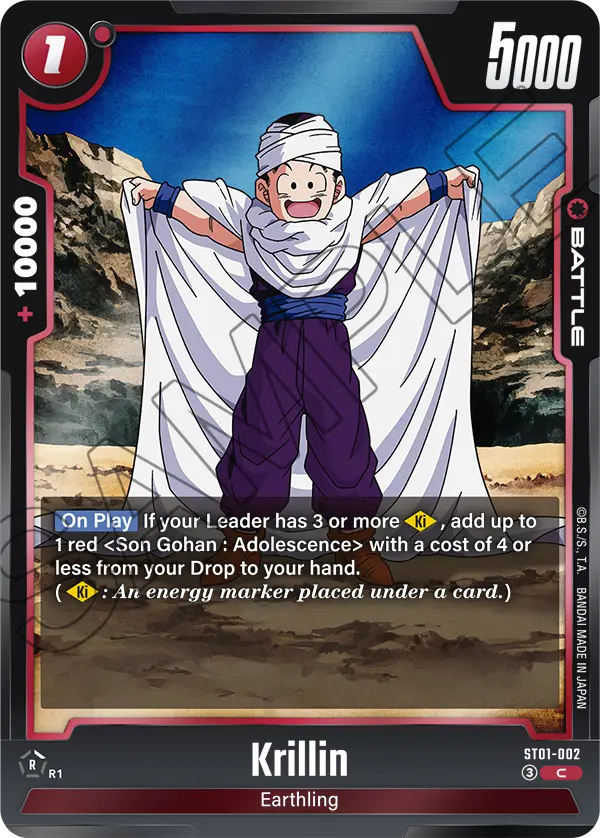 2026 Dragon Ball Super Card Game Fusion World Story Booster 01 (ST01) #ST01-002 Krillin; official card image from the Bandai card database; publisher sample markings retained