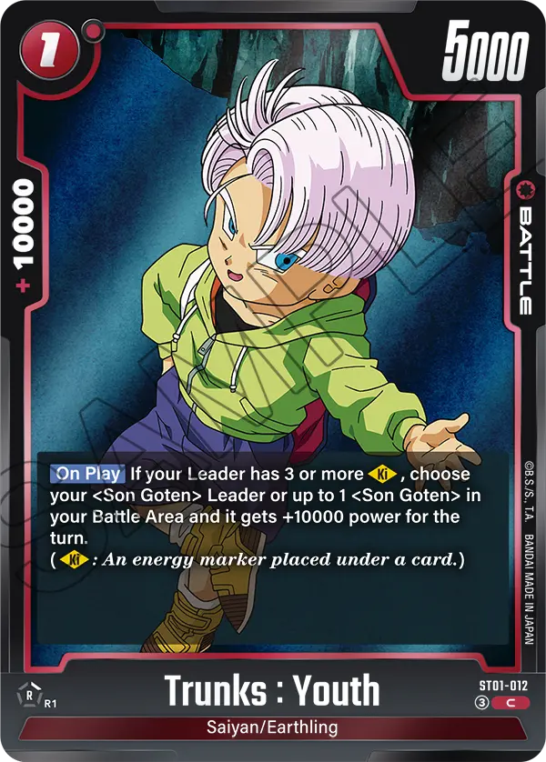 2026 Dragon Ball Super Card Game Fusion World Story Booster 01 (ST01) #ST01-012 Trunks : Youth; official card image from the Bandai card database; publisher sample markings retained