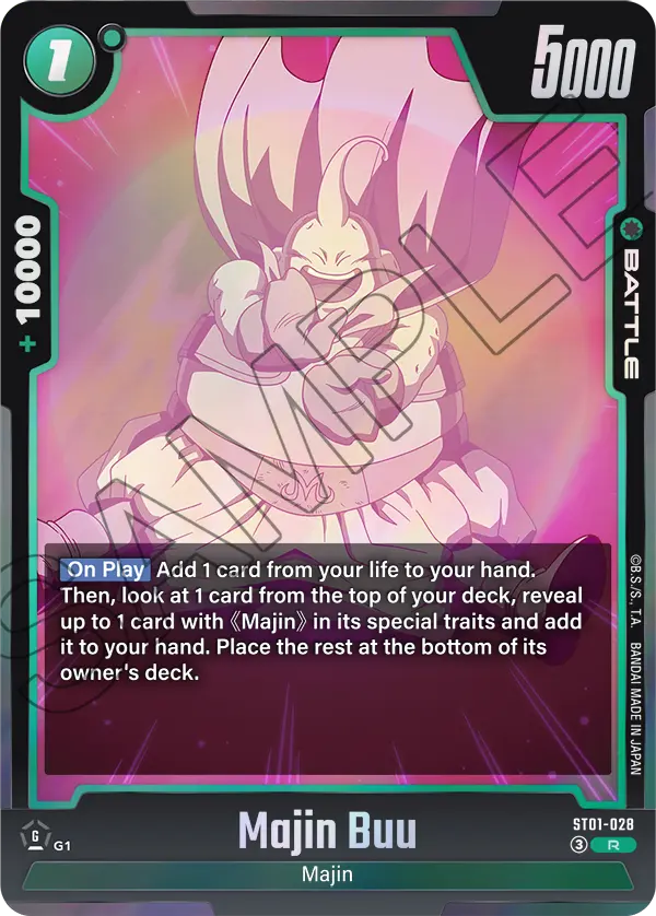 2026 Dragon Ball Super Card Game Fusion World Story Booster 01 (ST01) #ST01-028 Majin Buu; official card image from the Bandai card database; publisher sample markings retained