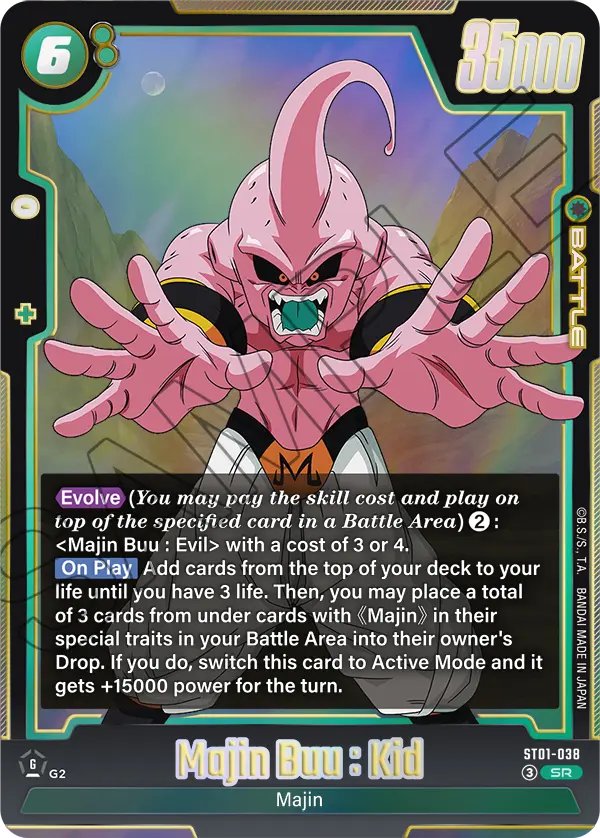 2026 Dragon Ball Super Card Game Fusion World Story Booster 01 (ST01) #ST01-038 Majin Buu : Kid; official card image from the Bandai card database; publisher sample markings retained