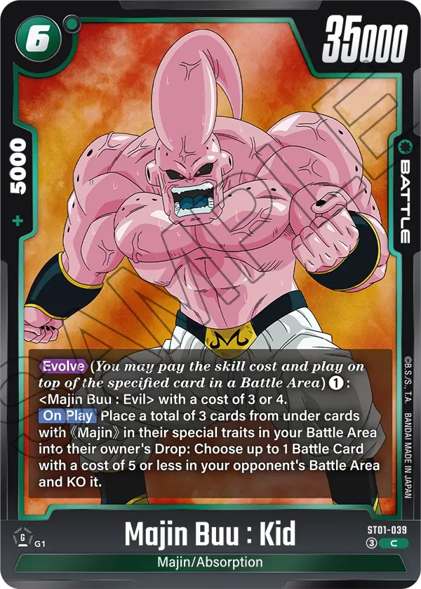 2026 Dragon Ball Super Card Game Fusion World Story Booster 01 (ST01) #ST01-039 Majin Buu : Kid; official card image from the Bandai card database; publisher sample markings retained