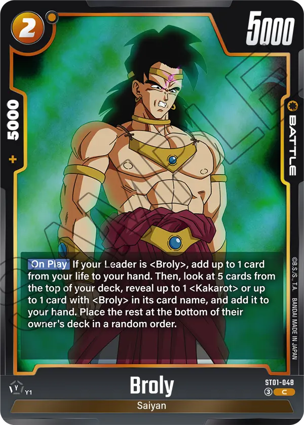 2026 Dragon Ball Super Card Game Fusion World Story Booster 01 (ST01) #ST01-048 Broly; official card image from the Bandai card database; publisher sample markings retained