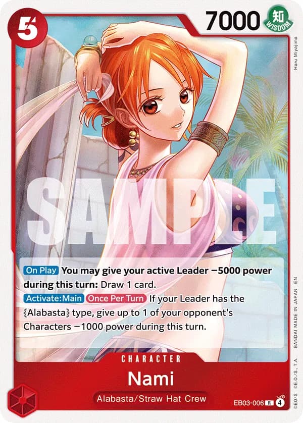 2026 One Piece Card Game One Piece Heroines Edition (EB-03) #EB03-006 Nami; official card image from the Bandai card list; publisher sample markings retained