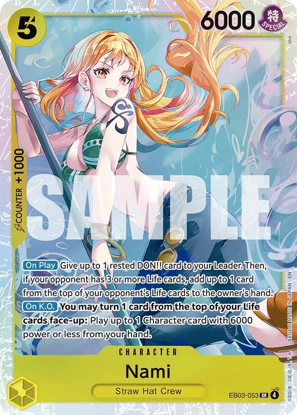 2026 One Piece Card Game One Piece Heroines Edition (EB-03) #EB03-053 Nami; official card image from the Bandai card list; publisher sample markings retained