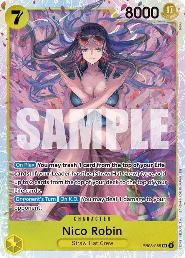 2026 One Piece Card Game One Piece Heroines Edition (EB-03) #EB03-055 Nico Robin; official card image from the Bandai card list; publisher sample markings retained