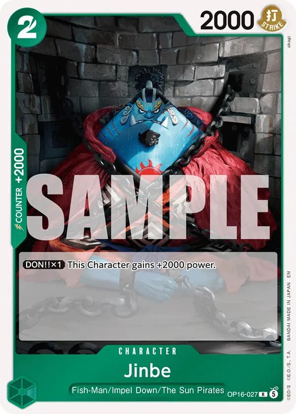 2026 One Piece Card Game The Time of Battle (OP-16) #OP16-027 Jinbe; official card image from the Bandai card list; publisher sample markings retained
