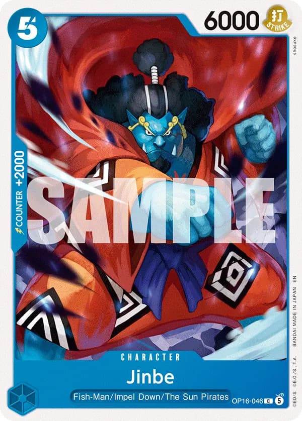 2026 One Piece Card Game The Time of Battle (OP-16) #OP16-046 Jinbe; official card image from the Bandai card list; publisher sample markings retained