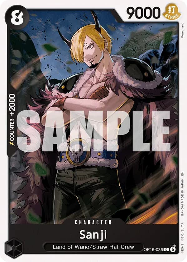 2026 One Piece Card Game The Time of Battle (OP-16) #OP16-086 Sanji; official card image from the Bandai card list; publisher sample markings retained