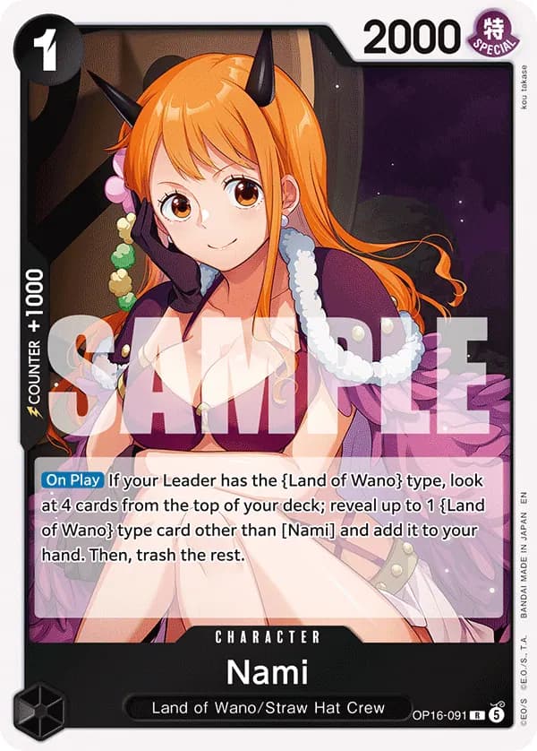 2026 One Piece Card Game The Time of Battle (OP-16) #OP16-091 Nami; official card image from the Bandai card list; publisher sample markings retained
