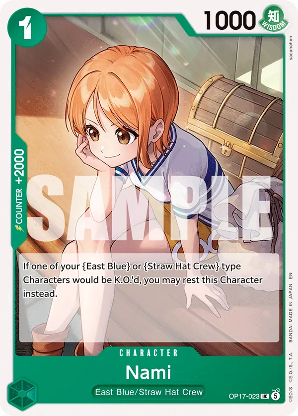 2026 One Piece Card Game The World's Strongest Warriors (OP-17) #OP17-023 Nami; official card image from the Bandai card list; publisher sample markings retained