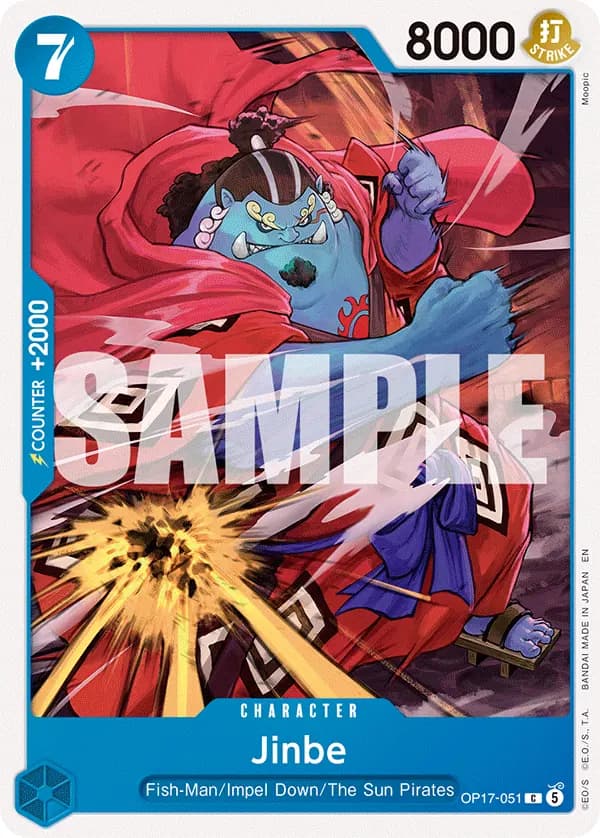 2026 One Piece Card Game The World's Strongest Warriors (OP-17) #OP17-051 Jinbe; official card image from the Bandai card list; publisher sample markings retained