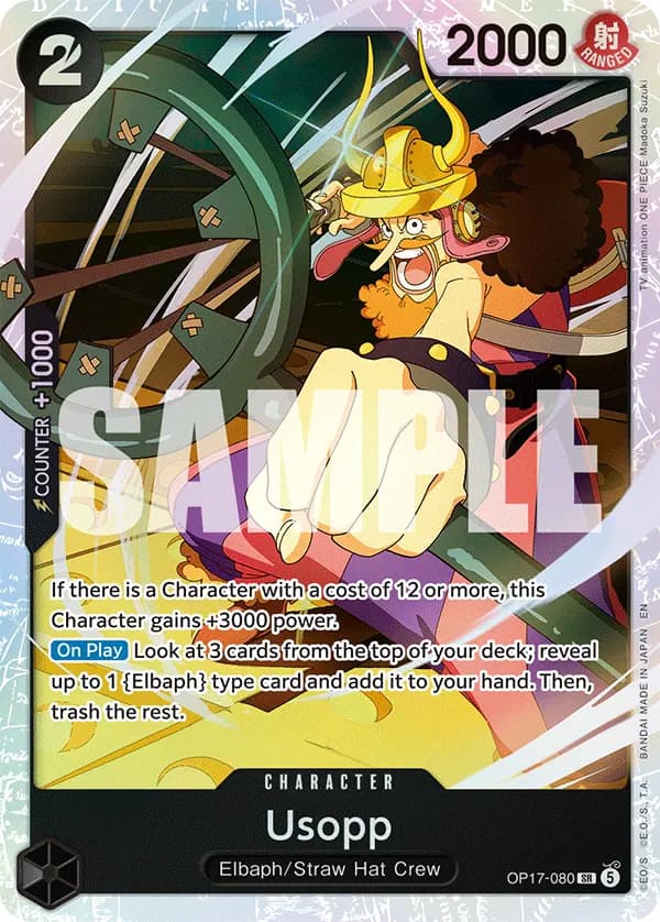 2026 One Piece Card Game The World's Strongest Warriors (OP-17) #OP17-080 Usopp; official card image from the Bandai card list; publisher sample markings retained