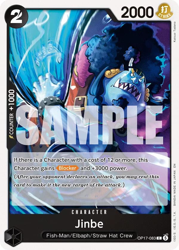 2026 One Piece Card Game The World's Strongest Warriors (OP-17) #OP17-083 Jinbe; official card image from the Bandai card list; publisher sample markings retained