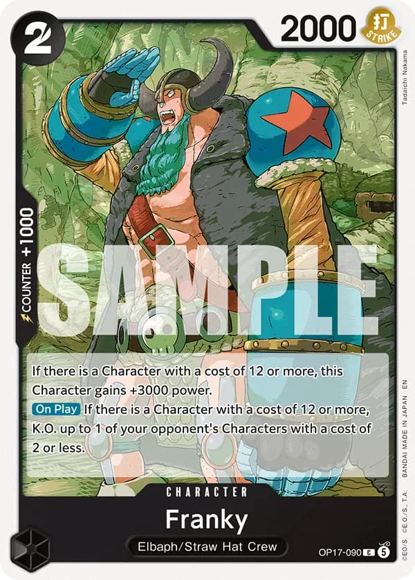 2026 One Piece Card Game The World's Strongest Warriors (OP-17) #OP17-090 Franky; official card image from the Bandai card list; publisher sample markings retained
