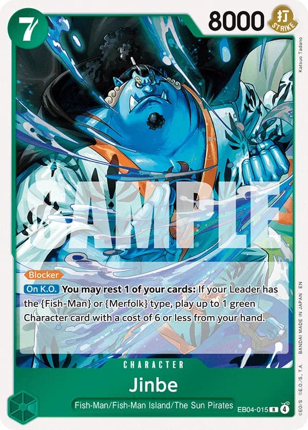 2026 One Piece Card Game The Azure Sea's Seven (OP14-EB04) #EB04-015 Jinbe; official card image from the Bandai card list; publisher sample markings retained