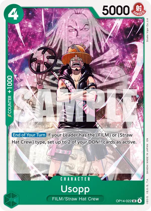 2026 One Piece Card Game The Azure Sea's Seven (OP14-EB04) #OP14-022 Usopp; official card image from the Bandai card list; publisher sample markings retained