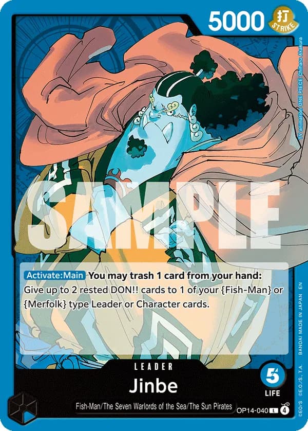 2026 One Piece Card Game The Azure Sea's Seven (OP14-EB04) #OP14-040 Jinbe; official card image from the Bandai card list; publisher sample markings retained