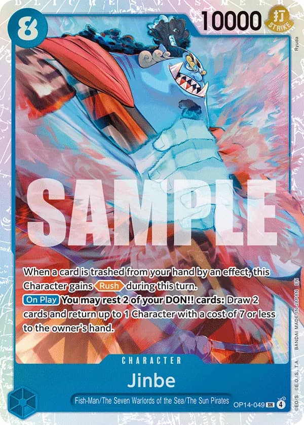 2026 One Piece Card Game The Azure Sea's Seven (OP14-EB04) #OP14-049 Jinbe; official card image from the Bandai card list; publisher sample markings retained
