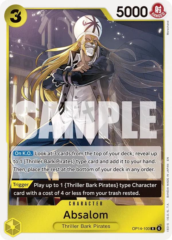 2026 One Piece Card Game The Azure Sea's Seven (OP14-EB04) #OP14-100 Absalom; official card image from the Bandai card list; publisher sample markings retained