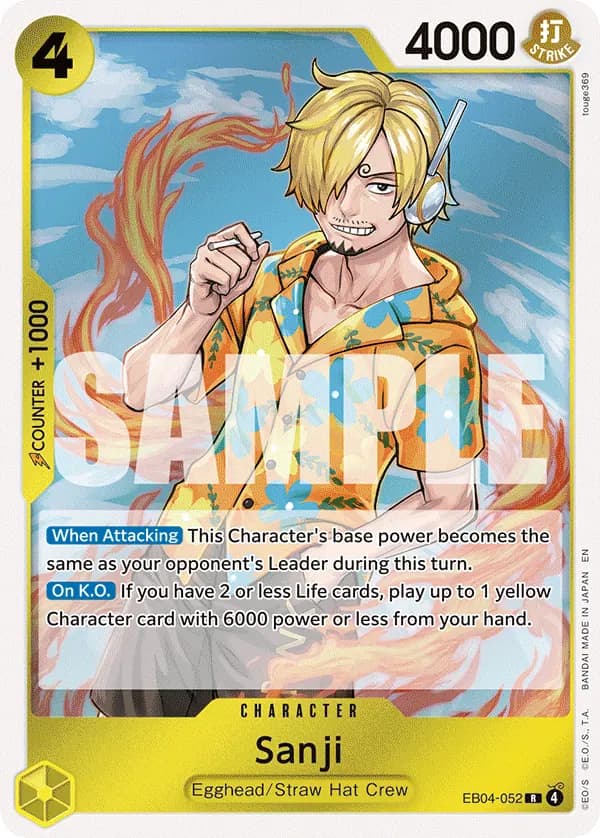 2026 One Piece Card Game Adventure on Kami's Island (OP15-EB04) #EB04-052 Sanji; official card image from the Bandai card list; publisher sample markings retained