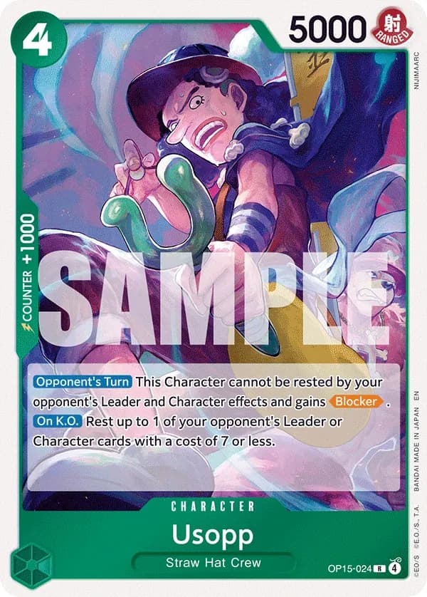 2026 One Piece Card Game Adventure on Kami's Island (OP15-EB04) #OP15-024 Usopp; official card image from the Bandai card list; publisher sample markings retained
