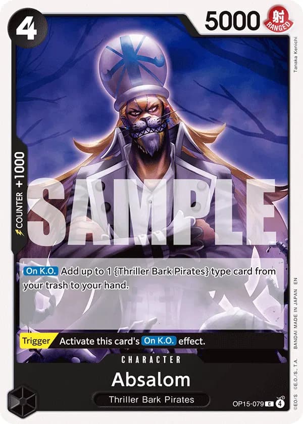 2026 One Piece Card Game Adventure on Kami's Island (OP15-EB04) #OP15-079 Absalom; official card image from the Bandai card list; publisher sample markings retained