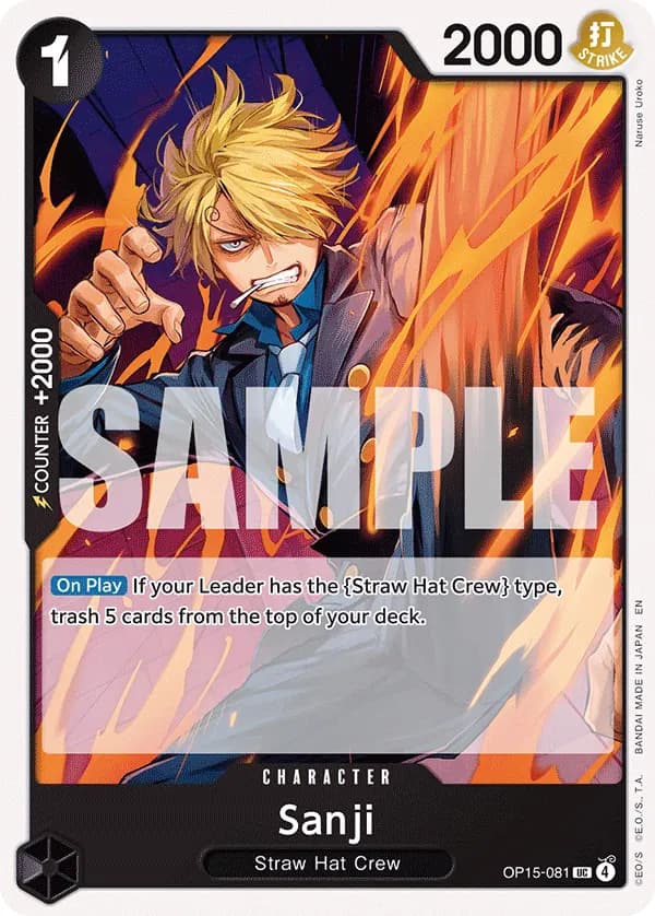 2026 One Piece Card Game Adventure on Kami's Island (OP15-EB04) #OP15-081 Sanji; official card image from the Bandai card list; publisher sample markings retained