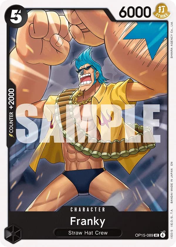 2026 One Piece Card Game Adventure on Kami's Island (OP15-EB04) #OP15-089 Franky; official card image from the Bandai card list; publisher sample markings retained