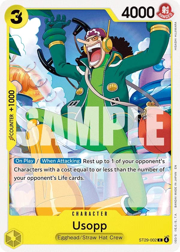 2026 One Piece Card Game Egghead (ST-29) #ST29-002 Usopp; official card image from the Bandai card list; publisher sample markings retained