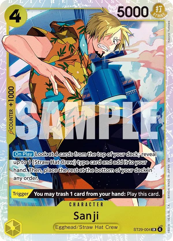 2026 One Piece Card Game Egghead (ST-29) #ST29-004 Sanji; official card image from the Bandai card list; publisher sample markings retained