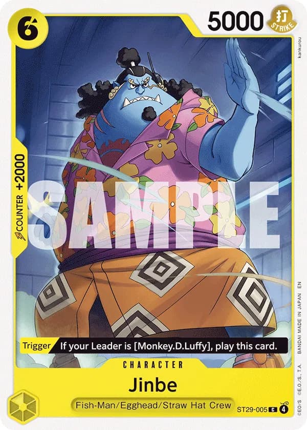 2026 One Piece Card Game Egghead (ST-29) #ST29-005 Jinbe; official card image from the Bandai card list; publisher sample markings retained