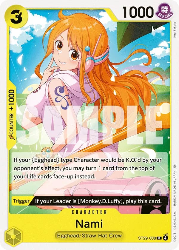 2026 One Piece Card Game Egghead (ST-29) #ST29-008 Nami; official card image from the Bandai card list; publisher sample markings retained